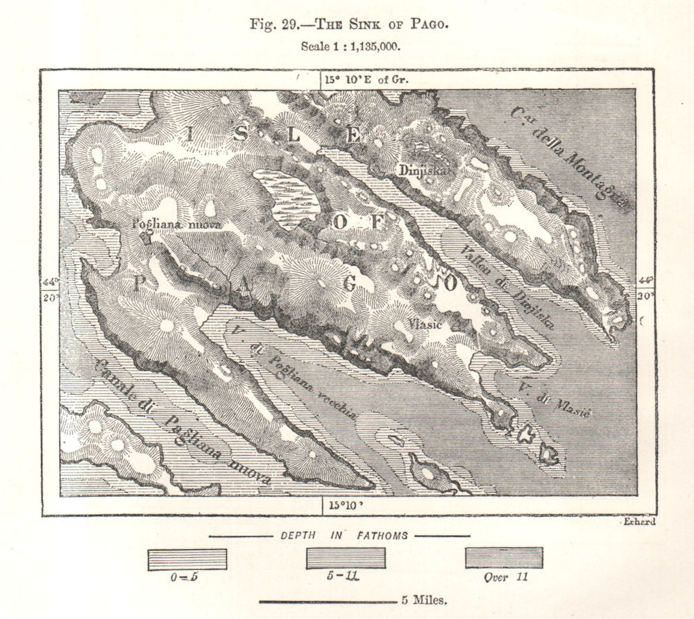 The Sink of Pag. Croatia. Sketch map 1885 old antique vintage plan chart